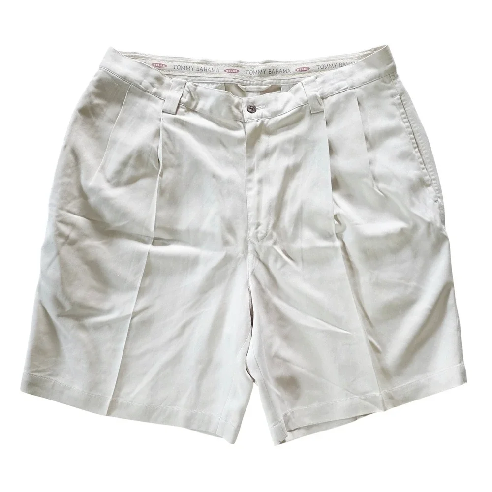 Tommy‎ Bahama Relax Mens 36 Pleated 100% Silk Shorts Cream Khaki Casual Tropical